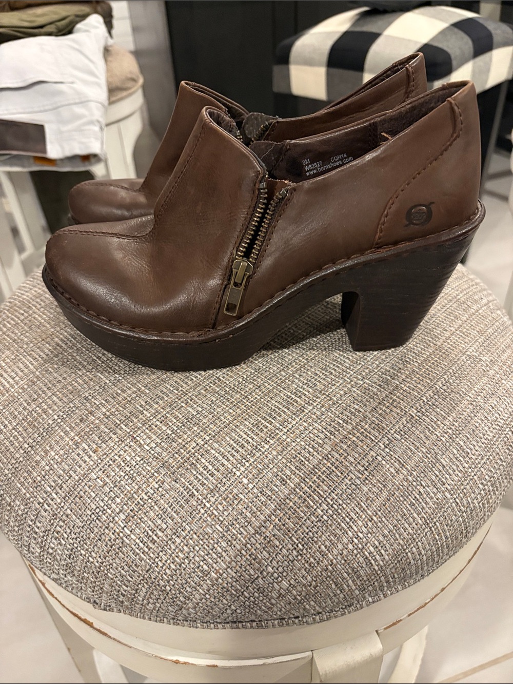 Born Brown Leather Zip-Accent Heeled Clogs
